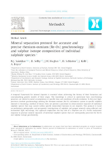 Mineral separation protocol for accurate and precise rhenium-osmium (Re-Os) geochronology and sulphur isotope composition of individual sulphide species Thumbnail