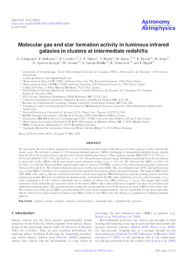 Molecular gas and star formation activity in luminous infrared galaxies in clusters at intermediate redshifts Thumbnail