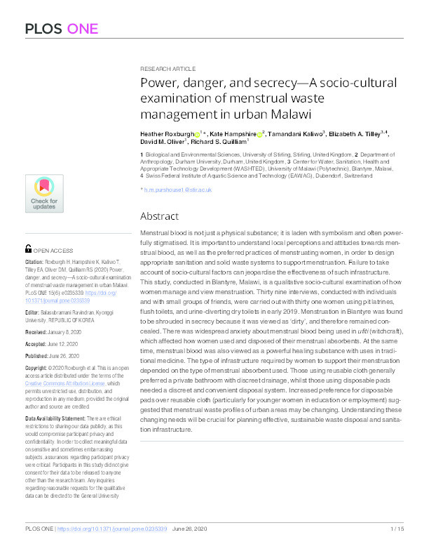 Power, danger, and secrecy – a socio-cultural examination of menstrual waste management in urban Malawi Thumbnail