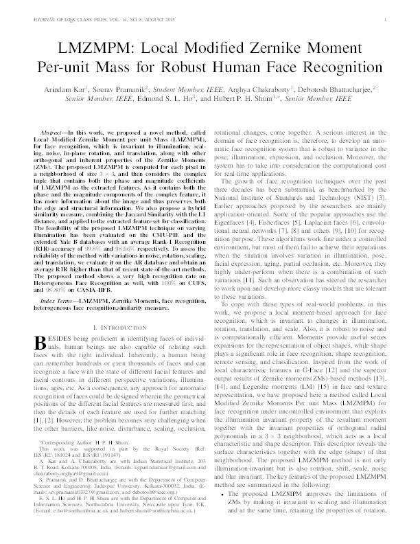 LMZMPM: Local Modified Zernike Moment Per-unit Mass for Robust Human Face Recognition Thumbnail