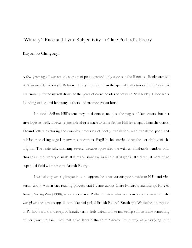 ‘Whitely’: Race and Lyric Subjectivity in Clare Pollard’s Poetry Thumbnail