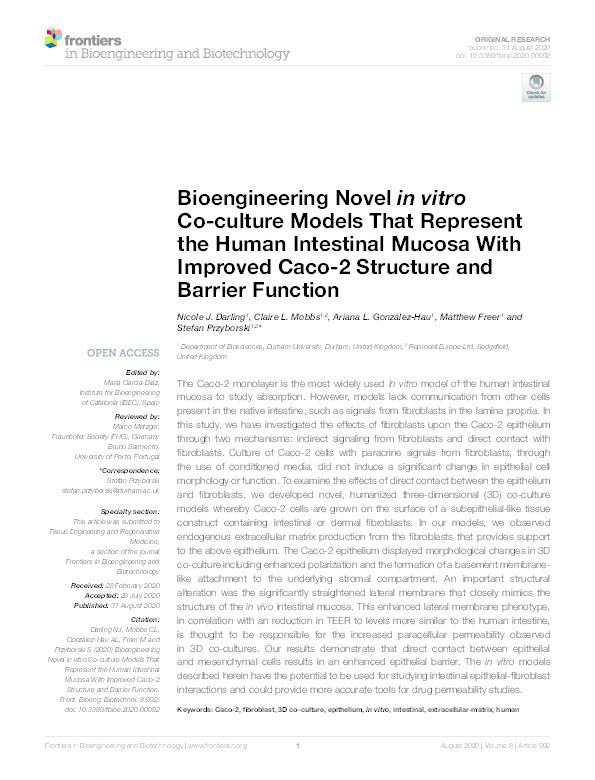 Bioengineering Novel in vitro Co-culture Models That Represent the Human Intestinal Mucosa With Improved Caco-2 Structure and Barrier Function Thumbnail