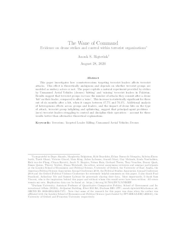 The wane of command. Evidence on drone strikes and control within terrorist organizations Thumbnail