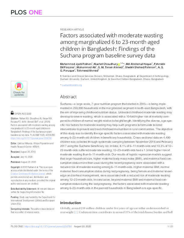 Factors associated with moderate wasting among marginalized 6 to 23-month aged children in Bangladesh: Findings of the Suchana program baseline survey data Thumbnail