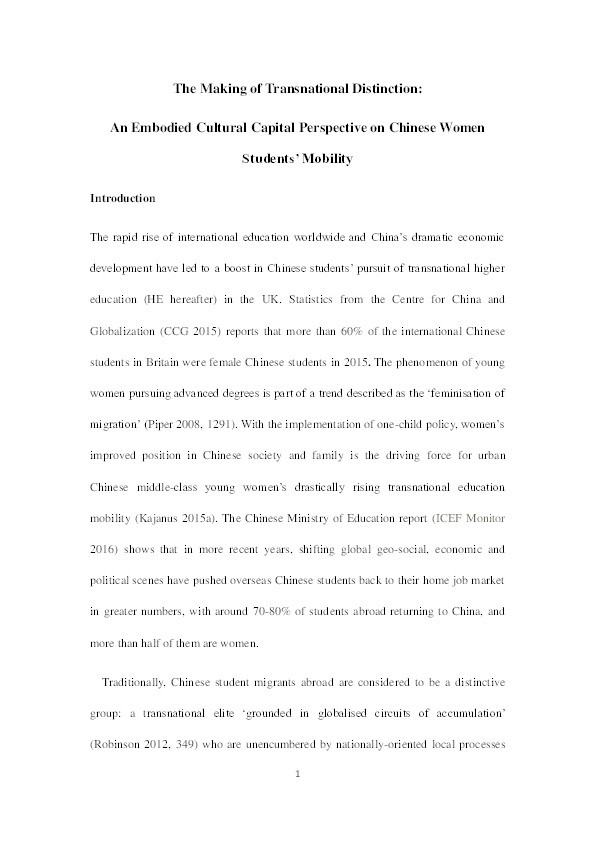 The Making of Transnational Distinction: An Embodied Cultural Capital Perspective on Chinese Women Students’ Mobility Thumbnail
