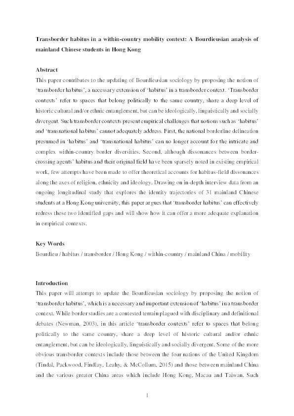 Transborder habitus in a within-country mobility context: A Bourdieusian analysis of mainland Chinese students in Hong Kong Thumbnail