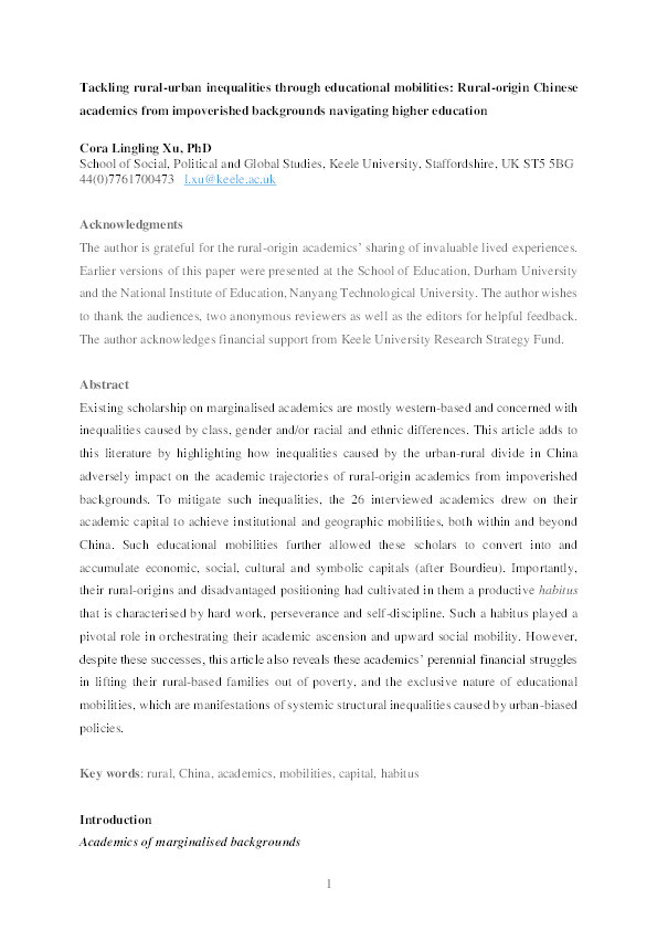 Tackling rural-urban inequalities through educational mobilities: rural-origin Chinese academics from impoverished backgrounds navigating higher education Thumbnail