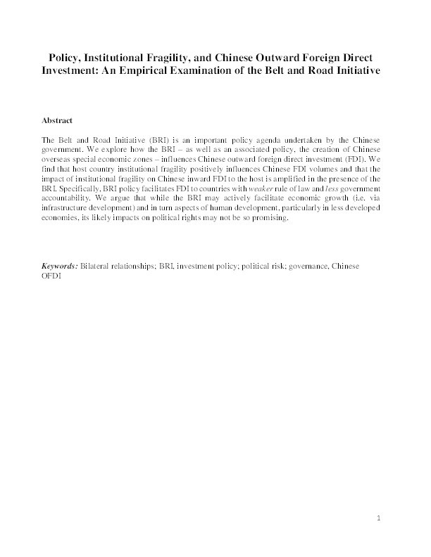 Policy, Institutional Fragility, and Chinese Outward Foreign Direct Investment: An Empirical Examination of the Belt and Road Initiative Thumbnail