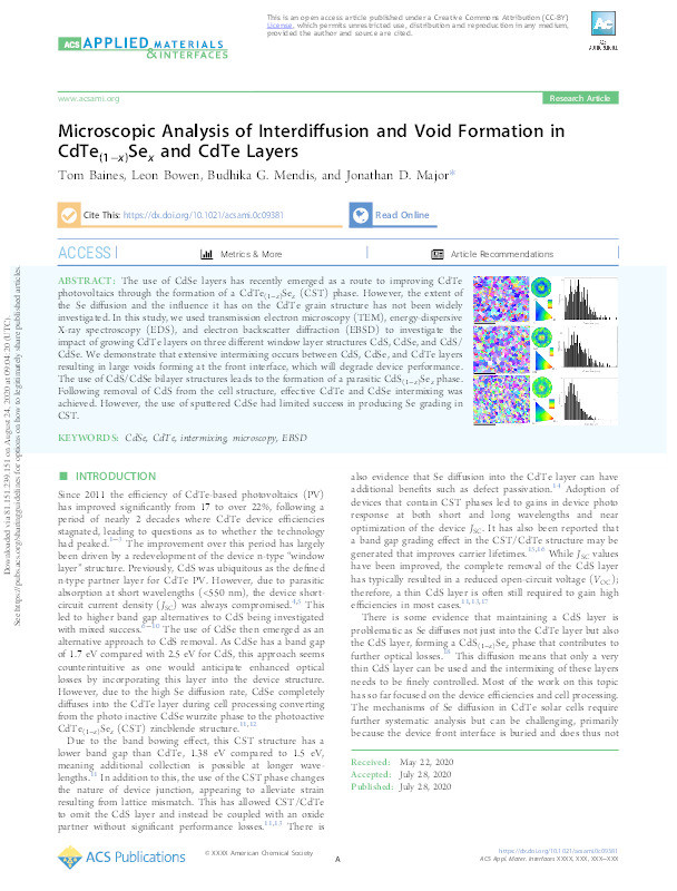 Microscopic Analysis of Interdiffusion and Void Formation in CdTe(1–x)Sex and CdTe Layers Thumbnail