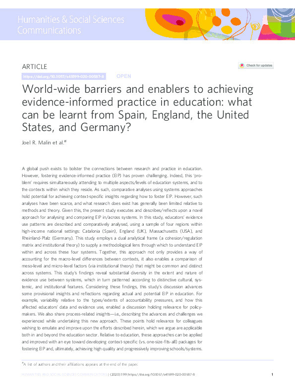 World-wide barriers and enablers to achieving evidence-informed practice in education: what can be learnt from Spain, England, the United States, and Germany? Thumbnail