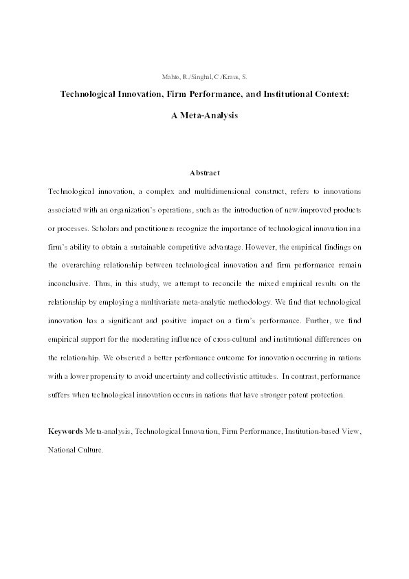 Technological Innovation, Firm Performance, and Institutional Context: A Meta-Analysis Thumbnail