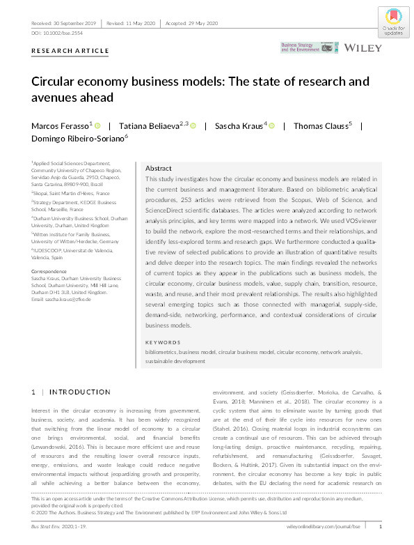 Circular economy business models: The state of research and avenues ahead Thumbnail