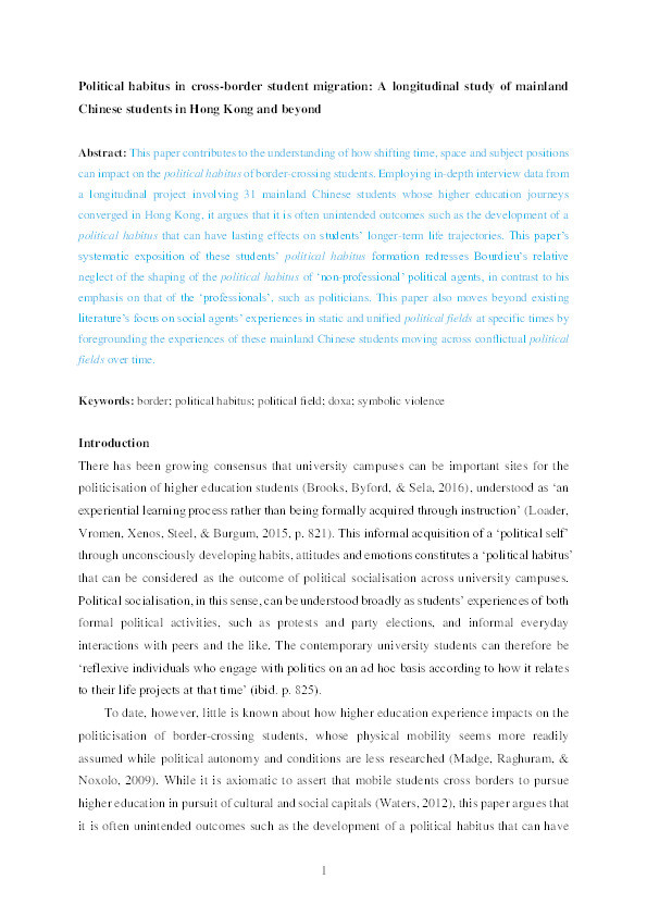 Political habitus in cross-border student migration: a longitudinal study of mainland Chinese students in Hong Kong and beyond Thumbnail