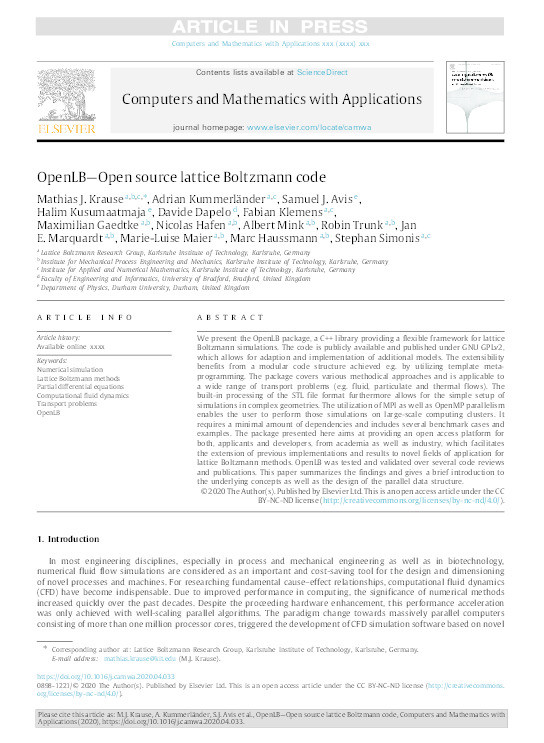 OpenLB—Open source lattice Boltzmann code Thumbnail