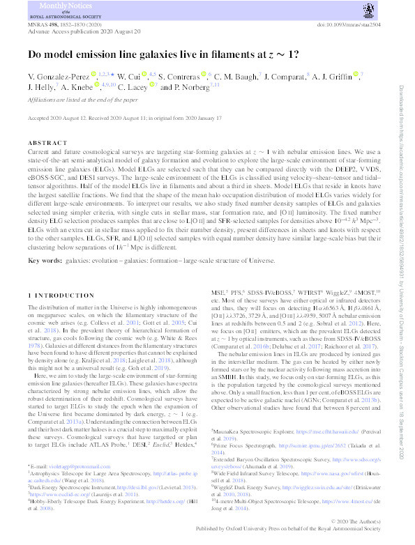 Do model emission line galaxies live in filaments at z∼1? Thumbnail