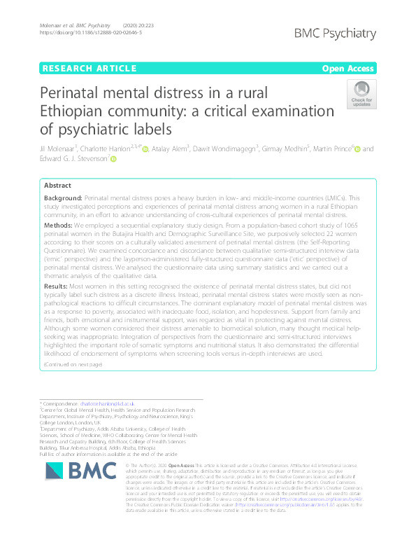 Perinatal mental distress in a rural Ethiopian community: a critical examination of psychiatric labels Thumbnail
