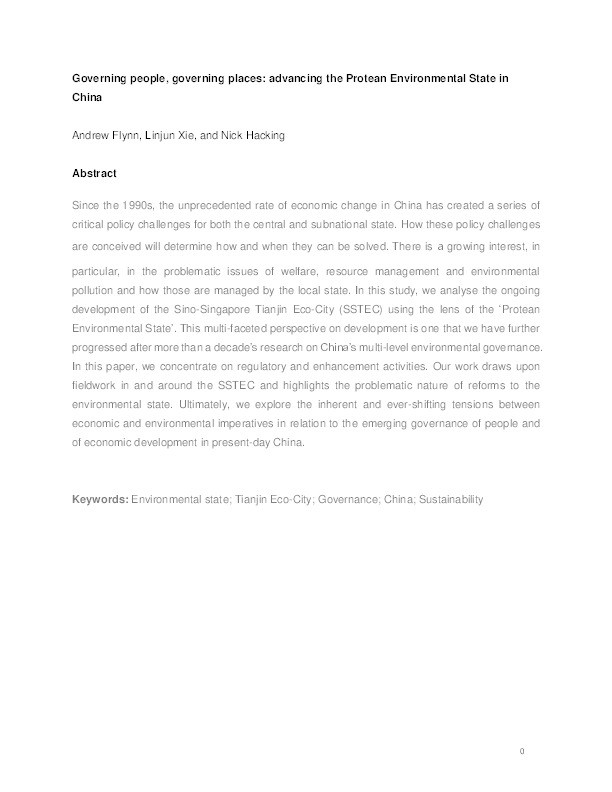 Governing people, governing places: advancing the Protean Environmental State in China Thumbnail