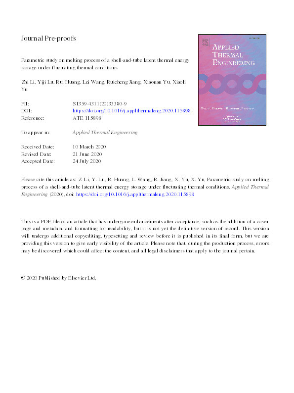 Parametric study on melting process of a shell-and-tube latent thermal energy storage under fluctuating thermal conditions Thumbnail