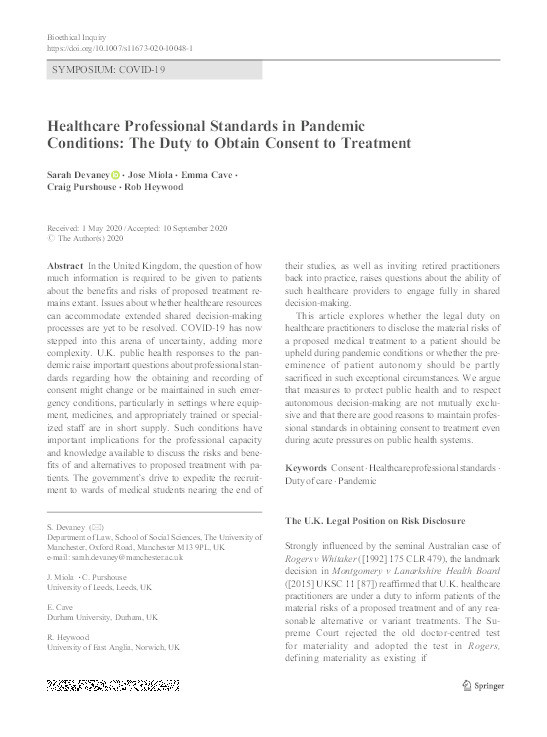 Healthcare professional standards in pandemic conditions: The duty to obtain consent to treatment Thumbnail