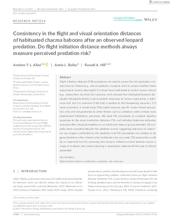 Consistency in the flight and visual orientation distances of habituated chacma baboons after an observed leopard predation. Do flight initiation distance methods always measure perceived predation risk? Thumbnail
