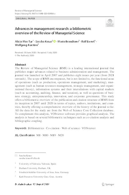 Advances in management research: a bibliometric overview of the Review of Managerial Science Thumbnail