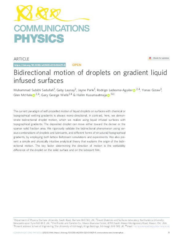 Bidirectional Motion of Droplets on Gradient Liquid Infused Surfaces Thumbnail
