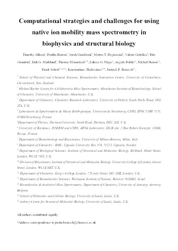 Computational Strategies and Challenges for Using Native Ion Mobility Mass Spectrometry in Biophysics and Structural Biology Thumbnail