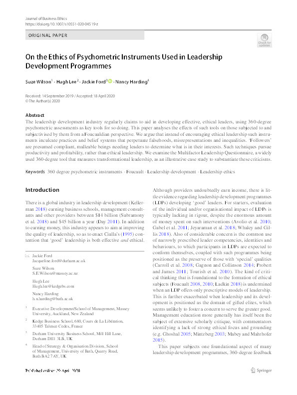 On the Ethics of Psychometric Instruments Used in Leadership Development Programmes Thumbnail