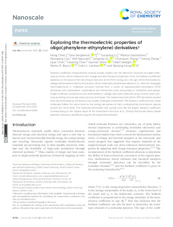 Exploring the thermoelectric properties of oligo(phenylene-ethynylene) derivatives Thumbnail