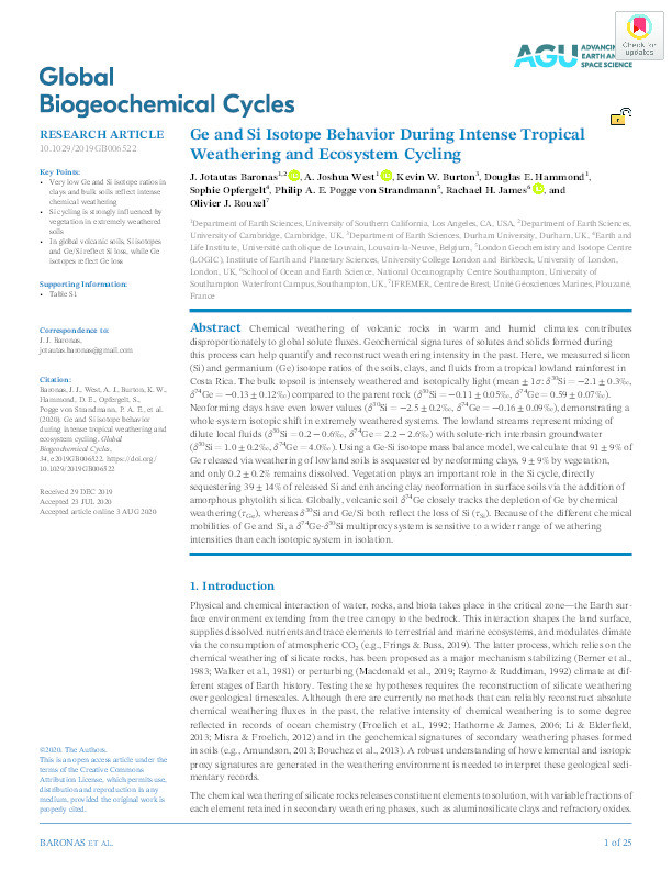 Ge and Si isotope behavior during intense tropical weathering and ecosystem cycling Thumbnail