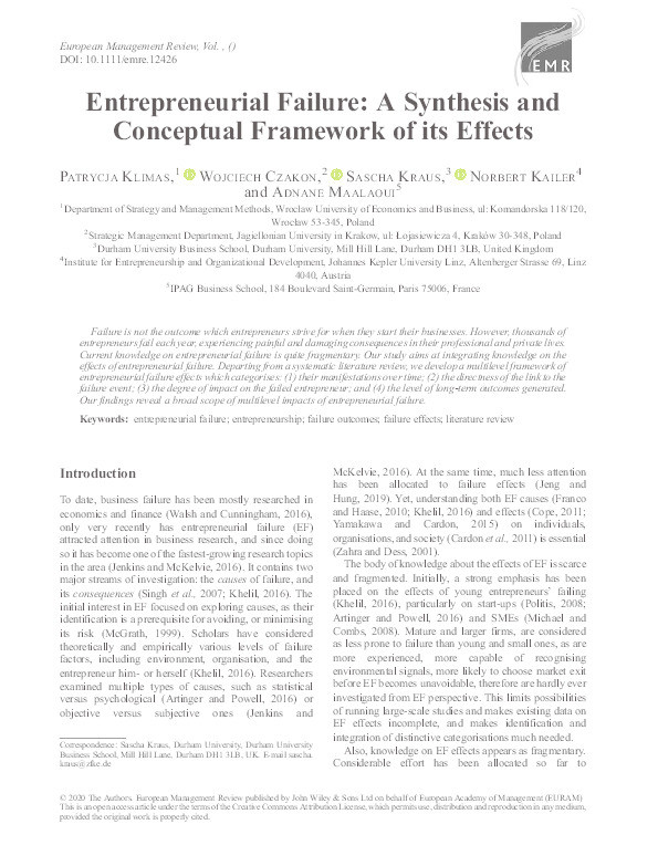 Entrepreneurial failure: A synthesis and conceptual framework of its effects Thumbnail