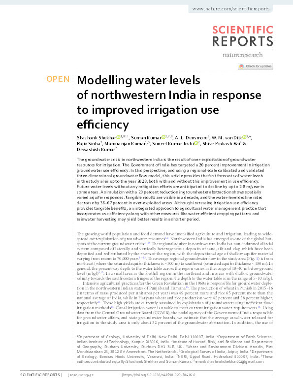 Modelling water levels of northwestern India in response to improved irrigation use efficiency Thumbnail