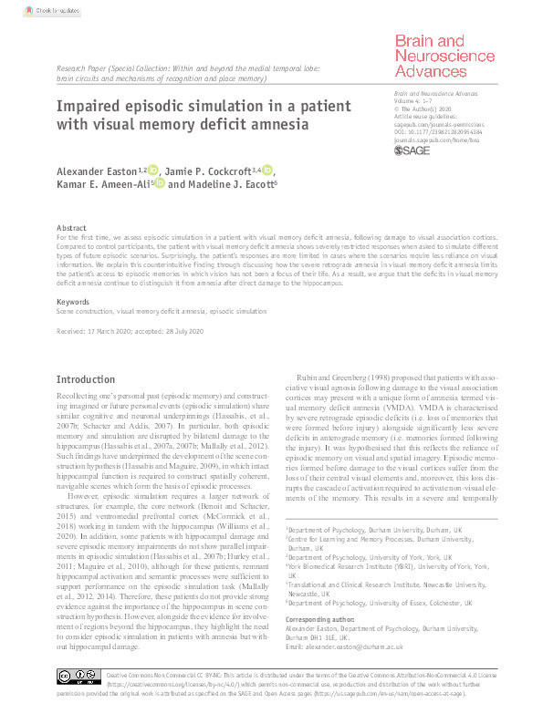 Impaired episodic simulation in a patient with visual memory deficit amnesia Thumbnail