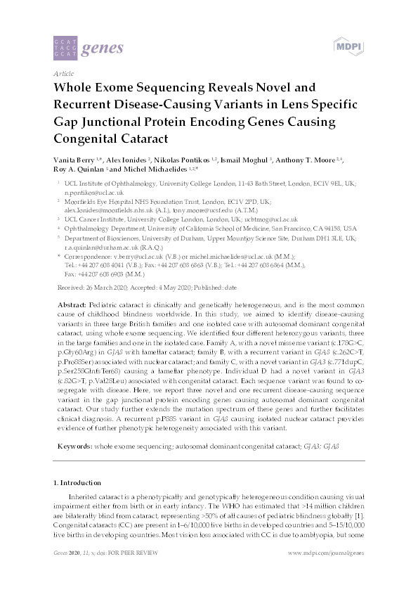 Whole Exome Sequencing Reveals Novel and Recurrent Disease-Causing Variants in Lens Specific Gap Junctional Protein Encoding Genes Causing Congenital Cataract Thumbnail