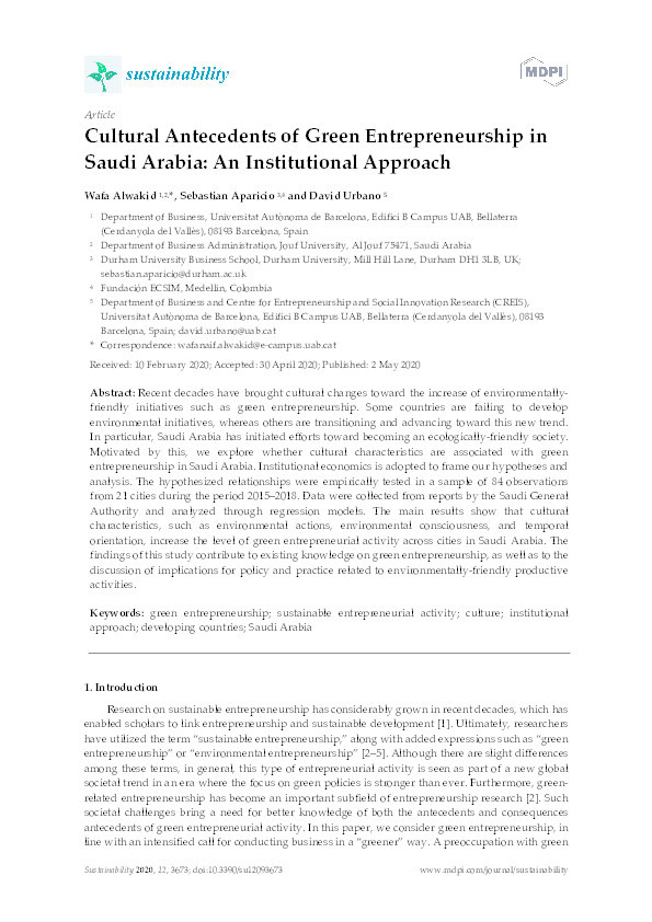 Cultural antecedents of green entrepreneurship in Saudi Arabia: an institutional approach Thumbnail