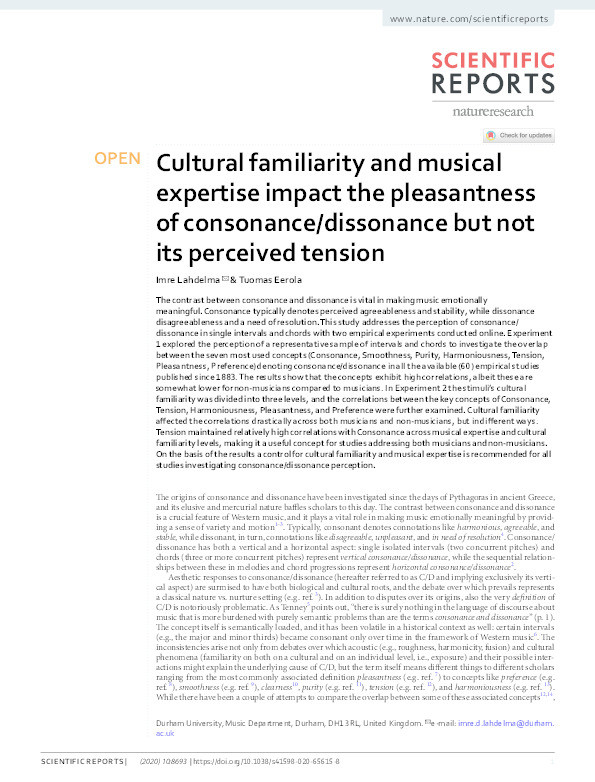 Cultural familiarity and musical expertise impact the pleasantness of consonance/dissonance but not its perceived tension Thumbnail