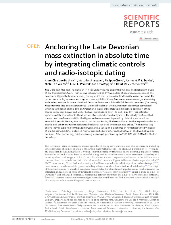 Anchoring the Late Devonian mass extinction in absolute time by integrating climatic controls and radio-isotopic dating Thumbnail