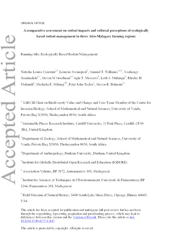 A comparative assessment on rodent impacts and cultural perceptions of ecologically based rodent management in three Afro‐Malagasy farming regions Thumbnail