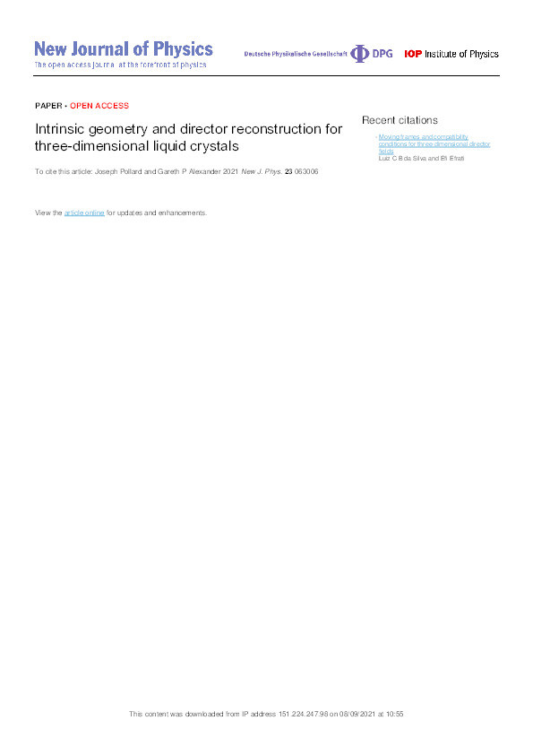 Intrinsic geometry and director reconstruction for three-dimensional liquid crystals Thumbnail