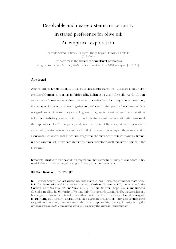 Resolvable and near-epistemic uncertainty in stated preference for olive oil: an empirical exploration Thumbnail