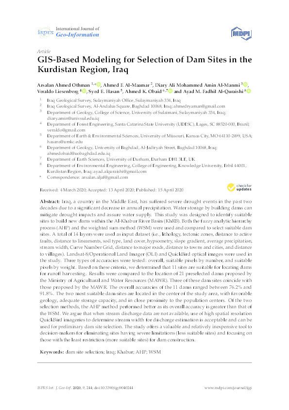 GIS-Based Modeling for Selection of Dam Sites in the Kurdistan Region, Iraq Thumbnail