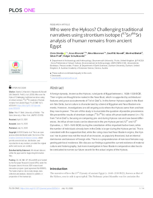 Who were the Hyksos? Challenging traditional narratives using strontium isotope (87Sr/86Sr) analysis of human remains from ancient Egypt Thumbnail