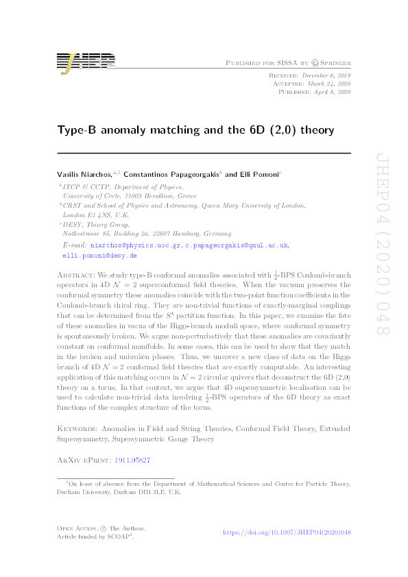 Type-B anomaly matching and the 6D (2,0) theory Thumbnail