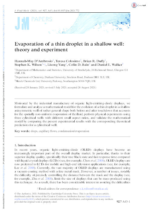 Evaporation of a thin droplet in a shallow well: theory and experiment Thumbnail