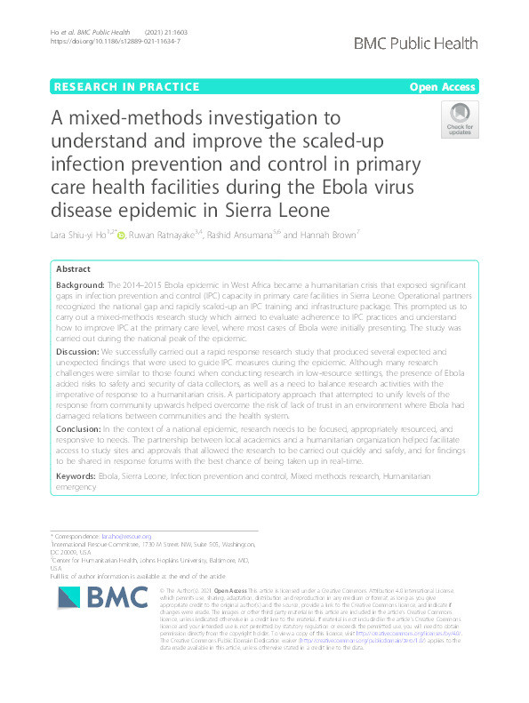 A mixed-methods investigation to understand and improve the scaled-up infection prevention and control in primary care health facilities during the Ebola virus disease epidemic in Sierra Leone Thumbnail