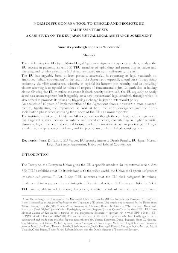 Norm diffusion as a tool to uphold and promote EU values and interests: A case study on the EU Japan Mutual Legal Assistance Agreement Thumbnail