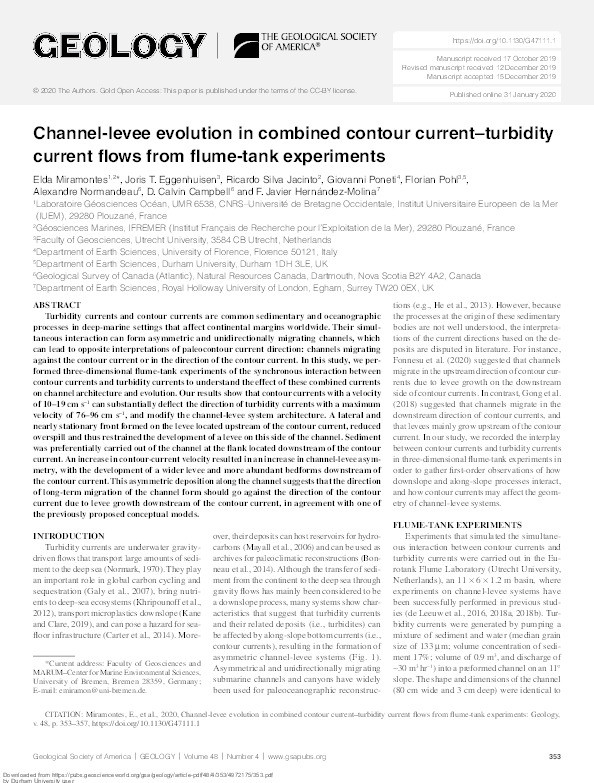 Channel-levee evolution in combined contour current–turbidity current flows from flume-tank experiments Thumbnail
