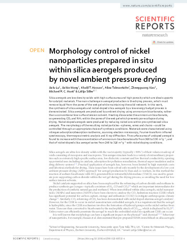 Morphology control of nickel nanoparticles prepared in situ within silica aerogels produced by novel ambient pressure drying Thumbnail