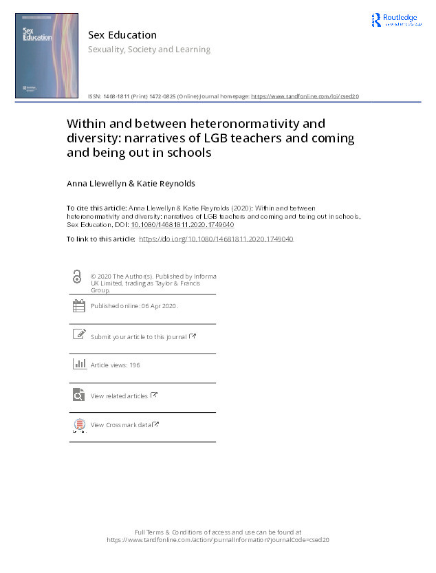 Within and between heteronormativity and diversity: narratives of LGB teachers and coming and being out in schools Thumbnail