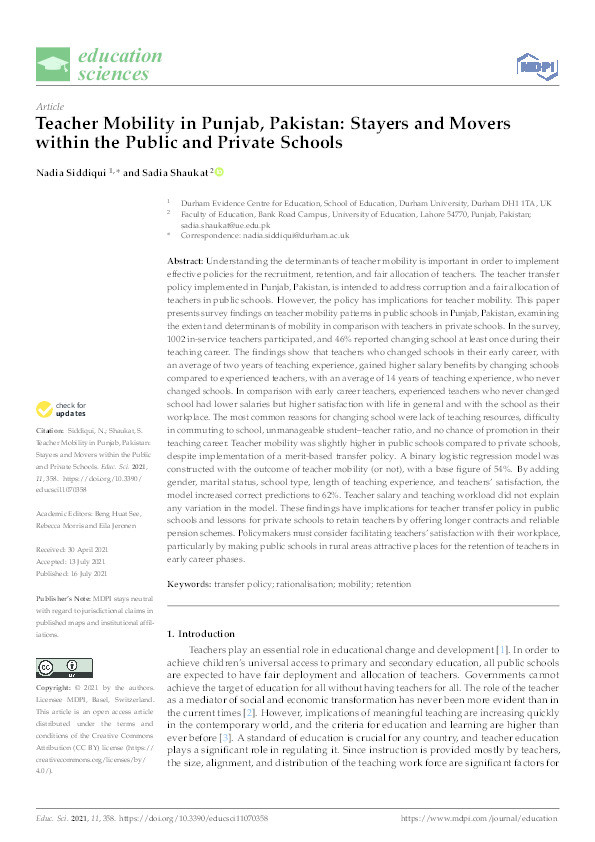 Teacher Mobility in Punjab, Pakistan: Stayers and Movers within the Public and Private Schools Thumbnail